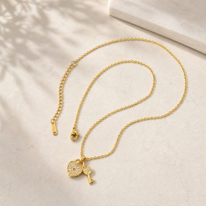 Wholesale Stainless Steel CZ Heart Lock Key Necklace