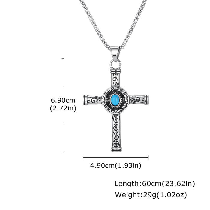 Wholesale Stainless Steel Antique Faux Turquoise Cross Pendant Necklace