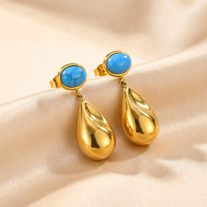 Wholesale Stainless Steel Teardrop Earrings – Turquoise and Plain Gold Styles