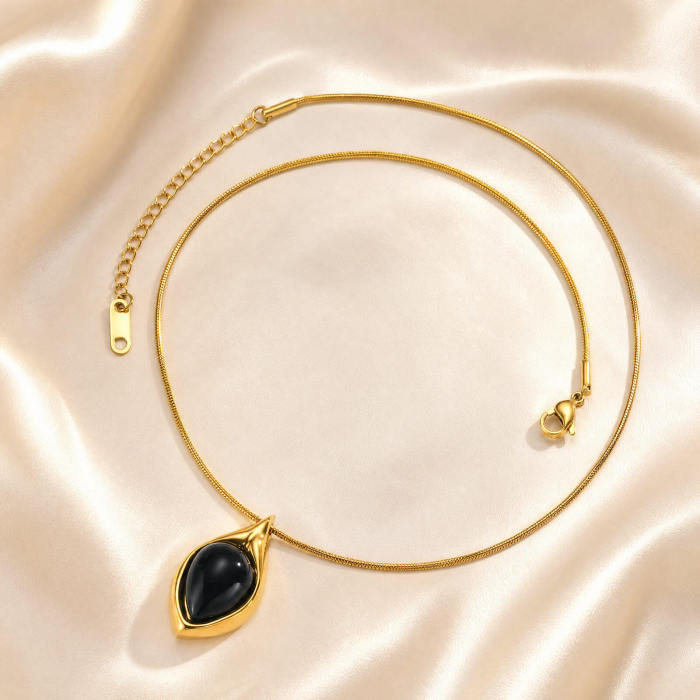 Wholesale Stainless Steel Black Onyx Teardrop Necklaces