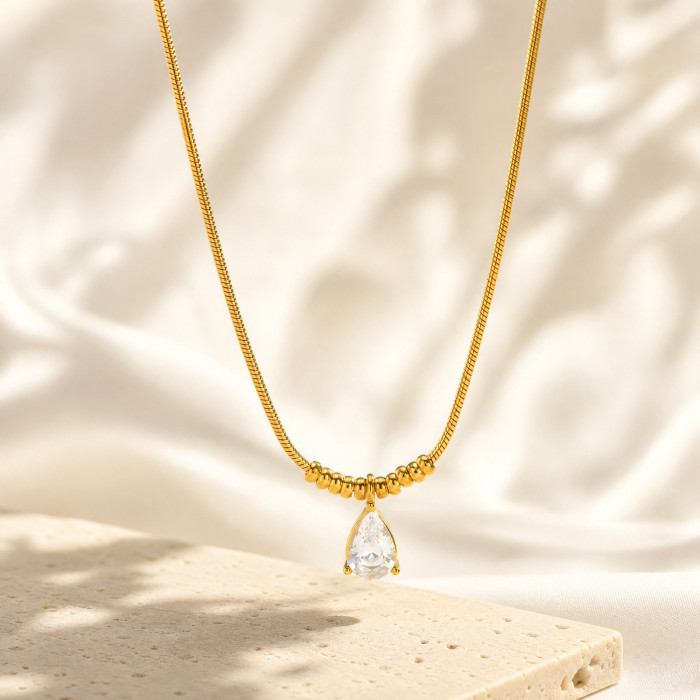 Wholesale Stainless Steel Teardrop CZ Necklace with PVD Gold Plating