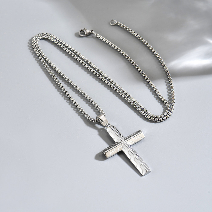 Wholesale Stainless Steel Cross Necklace with Geometric Line Pattern