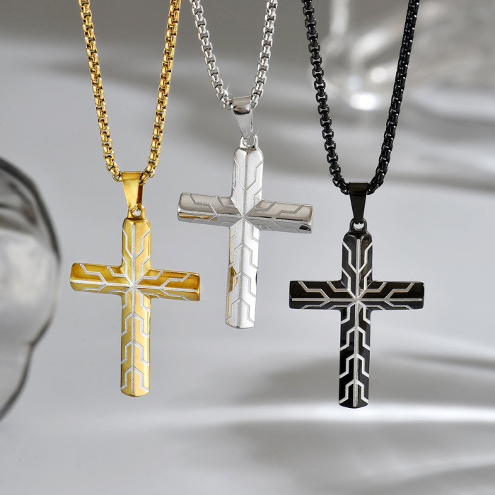 Wholesale Stainless Steel Cross Necklace with Geometric Line Pattern