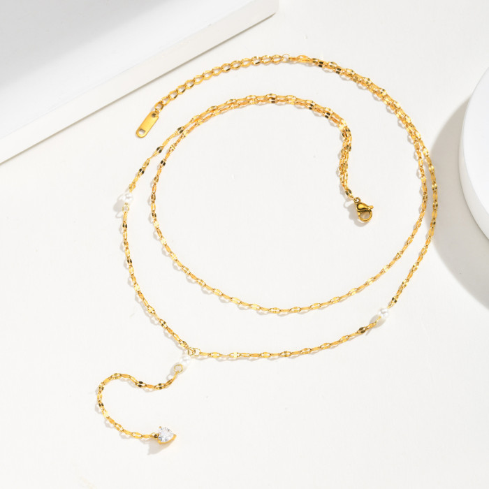 Wholesale Stainless Steel Pearl and CZ Heart Layered Y Necklace