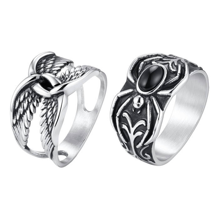 Wholesale Stainless Steel Wing and Black Onyx Spider Rings