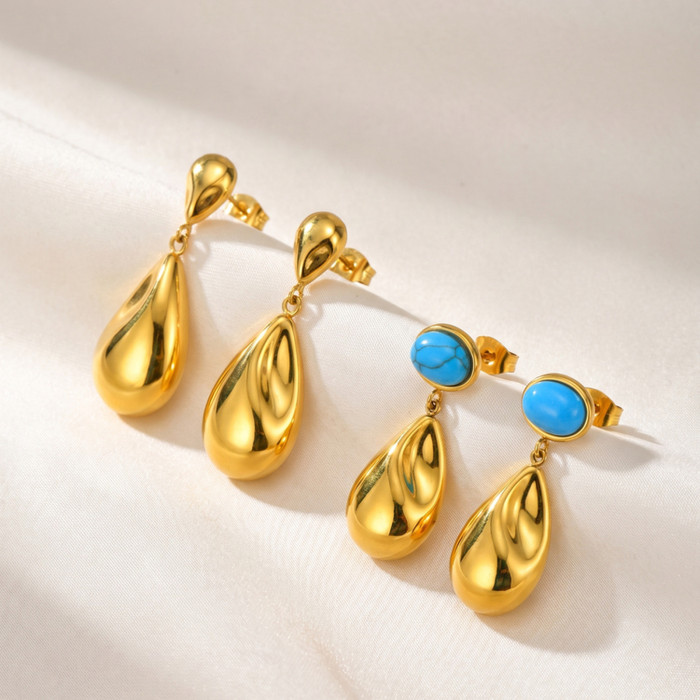 Wholesale Stainless Steel Teardrop Earrings – Turquoise and Plain Gold Styles