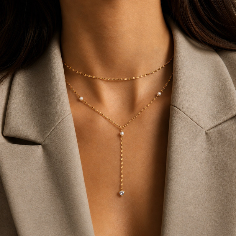 Wholesale Stainless Steel Pearl and CZ Heart Layered Y Necklace