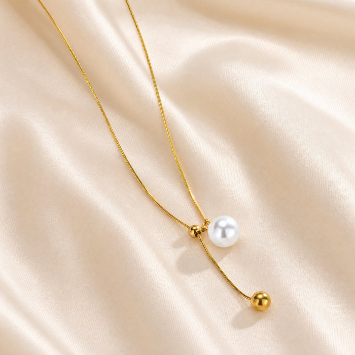 Wholesale Stainless Steel Faux Pearl and Ball Y Necklace