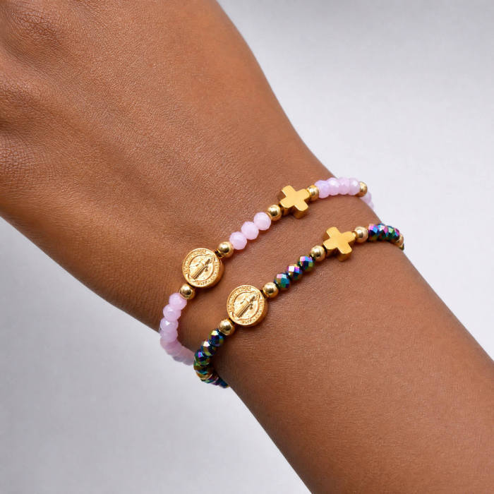 Wholesale Crystal Beaded Cross Charm Stretch Bracelets