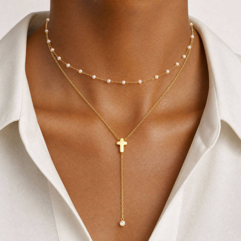Wholesale Stainless Steel CZ Cross Layered Necklaces