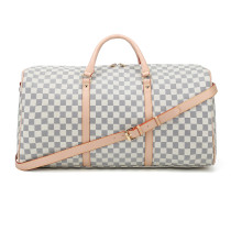 GOWELL Checkered Travel PU Leather Weekender Overnight Duffel Bag Shoulder tote Handbag Travel Gym Bag Mens Women (white Checkered)