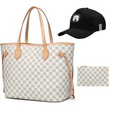 GOWELL Checkered Tote Shoulder Bag with inner pouch - PU Vegan Leather （White）