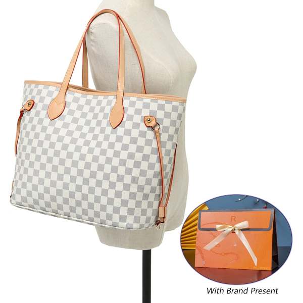 GOWELL Checkered Shoulder Tote Bags for Womens Leather 3pcs Set White