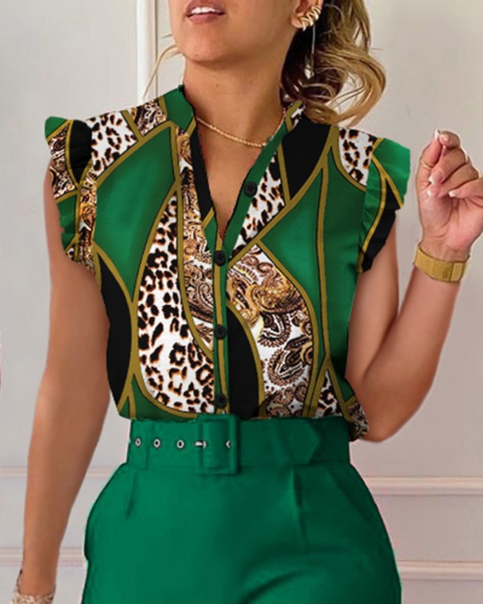 Women Summer V-Neck Button Butterfly Sleeve Printed Shirt