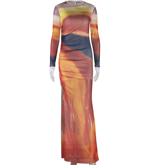 Women's Fashion Printed Round Neck Long Sleeve Split Pleated Trend Dress