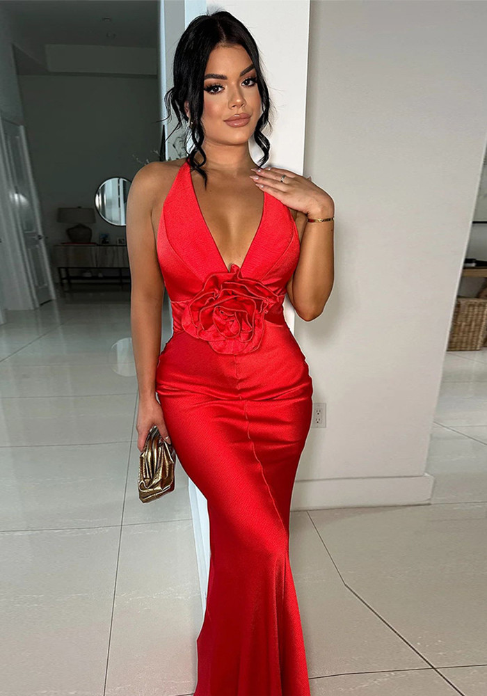 Women Elegant flower V-Neck sleeveless dress