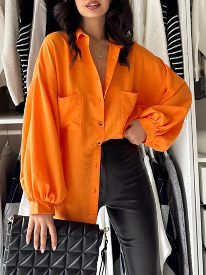 Women's Spring Turndown Collar Long Sleeve Shirt Loose Plus Size Balloon Sleeve Pocket Solid Top