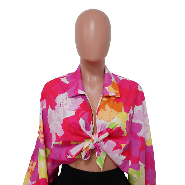 Women's Bat Sleeves Top Turndown Collar Print Shirt