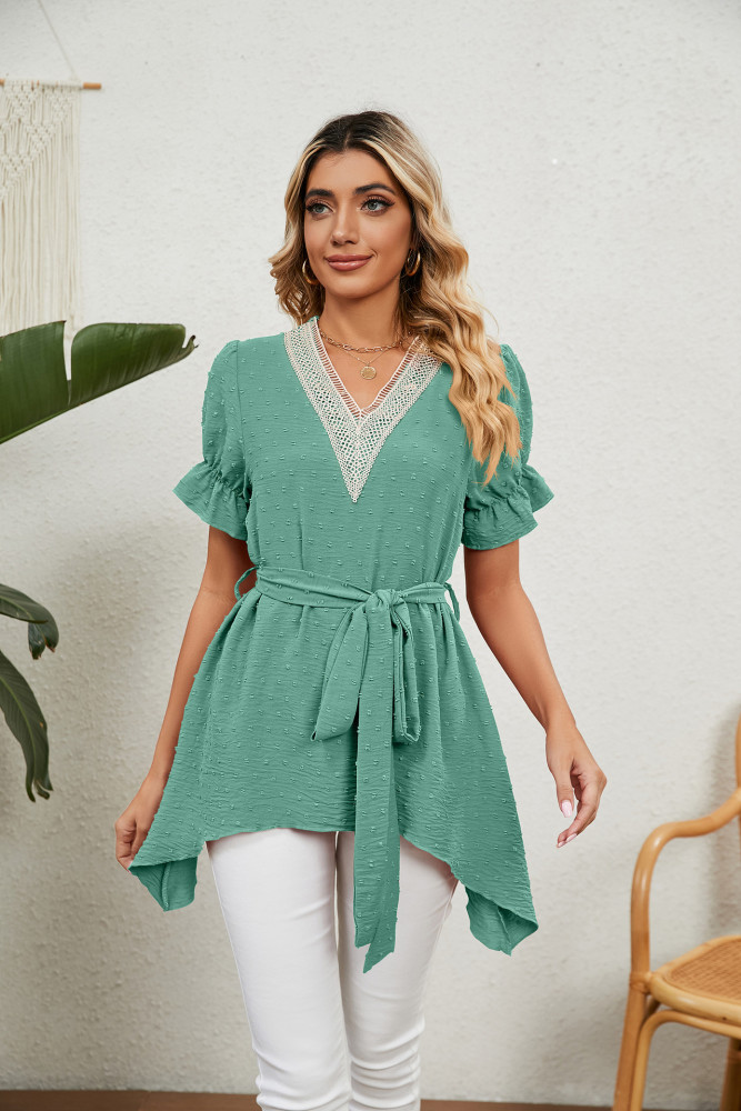 Women Solid Jacquard V-Neck Loose Tie Chiffon Top
