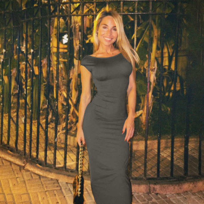Women Short Sleeve Round Neck Bodycon Backless Dress