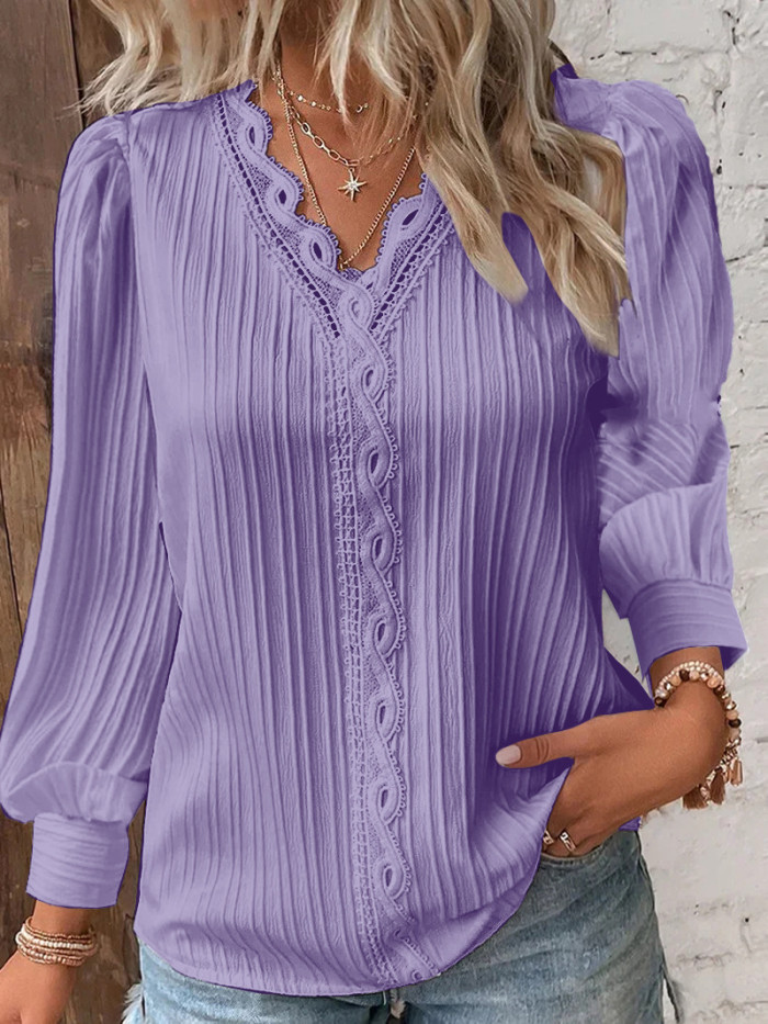 Women Autumn Long Sleeve V Neck Lace Shirt