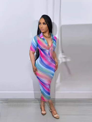Spring Summer Women's Fashion Striped Printed Turndown Collar Elegant Short Sleeve Split Dresses