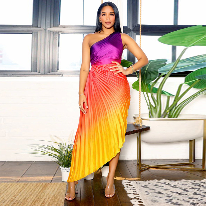 Women Printed Slash Shoulder Pleated Dress
