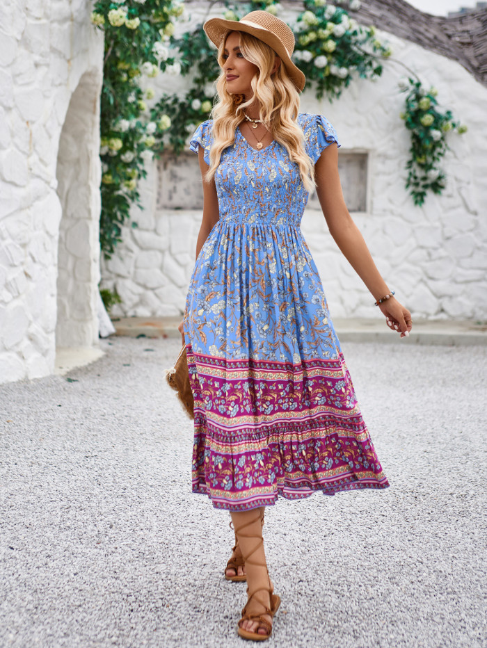 Women Summer Casual Printed V-Neck Flying Sleeve Bohemian Dress