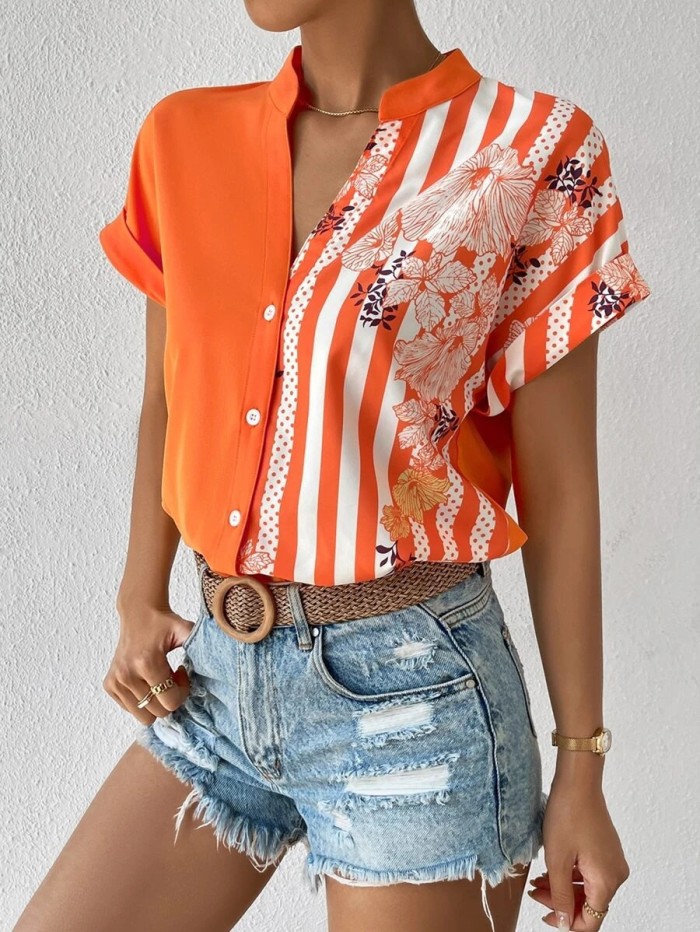 Women Summer Color Block Floral Short Sleeve Shirt