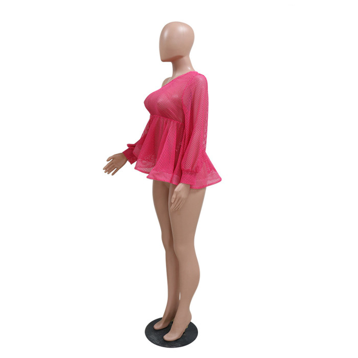 Slash Shoulder Loose Mesh Top Fashion See-Through Style Long Sleeve T-Shirt Women