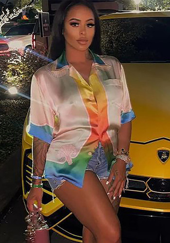 Women Casual Color Block Satin Short Sleeve Shirt