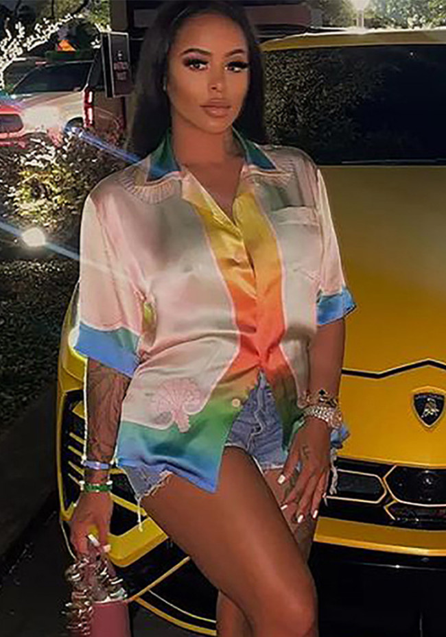 Women Casual Color Block Satin Short Sleeve Shirt