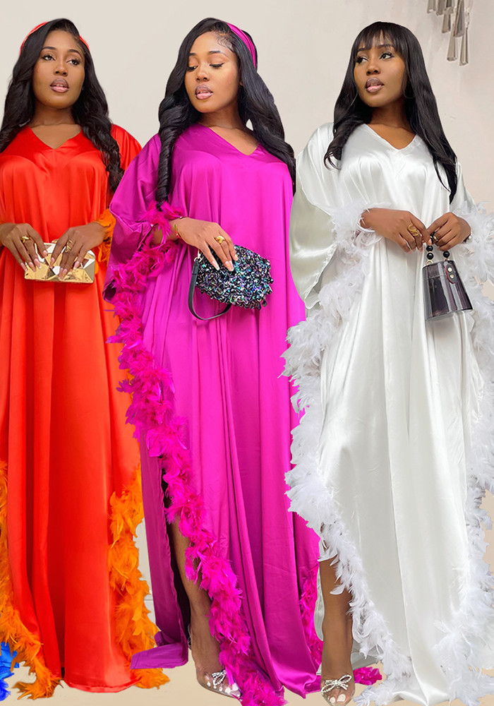 Women Feather V-neck Maxi Dress