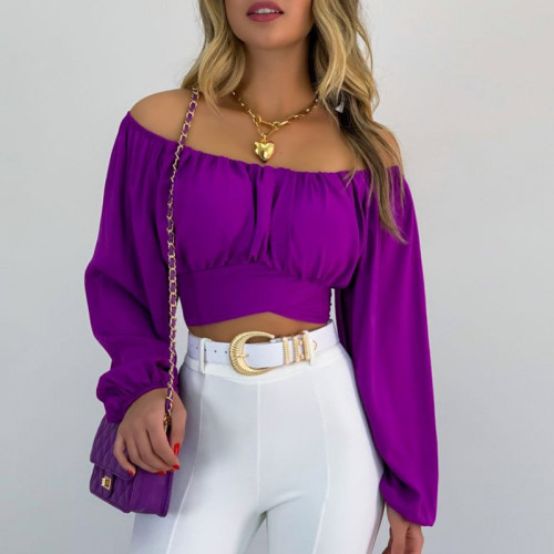 Top Women's Solid Color Lantern Sleeve Off Shoulder Sexy Puff Sleeve Crop Shirt