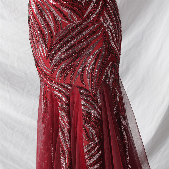 Sequin Mesh Patchwork Strapless Mermaid Evening Dress
