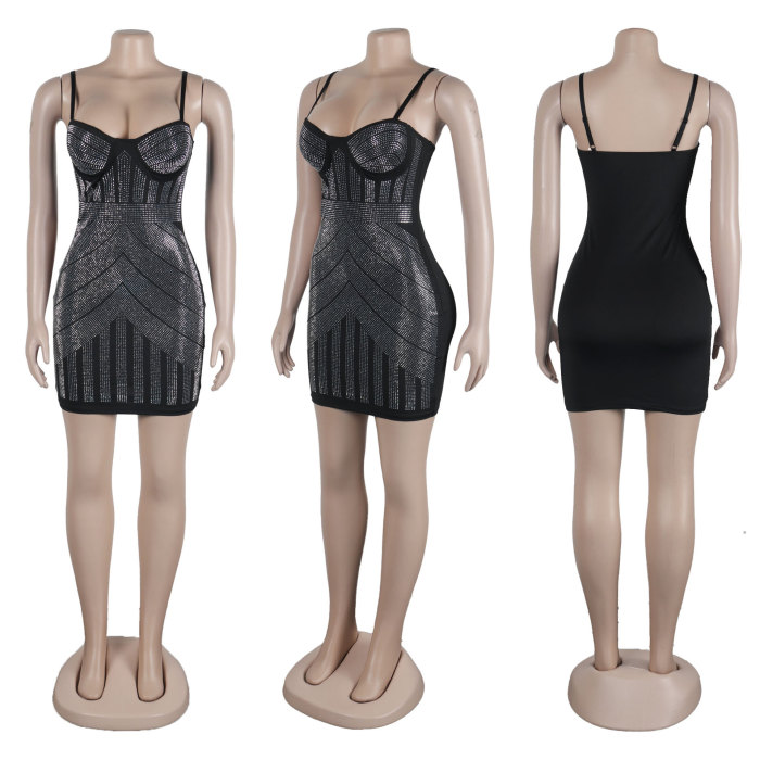 Women sexy beaded suspender elastic bodycon dress