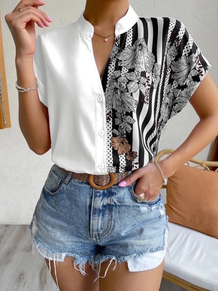 Women Summer Color Block Floral Short Sleeve Shirt