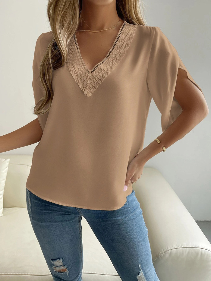 Spring Summer v-neck lace solid color top Chic short-sleeved chiffon shirt