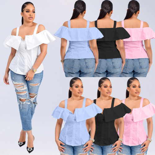 Women's Spring Summer Shirt Button Up Slim Waist Off Shoulder Ruffled Strap Adjuster Top