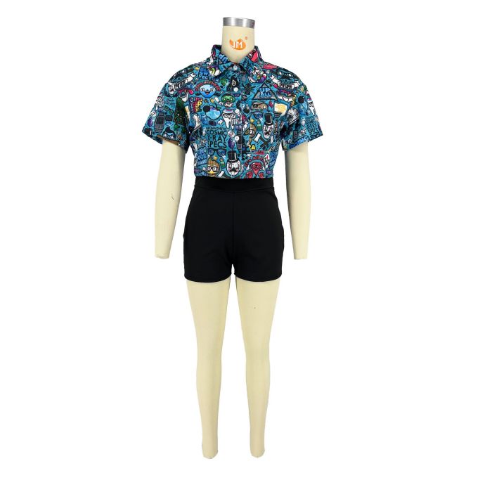 Women's Casual Style Print Turndown Collar Short Sleeve Shirt Top