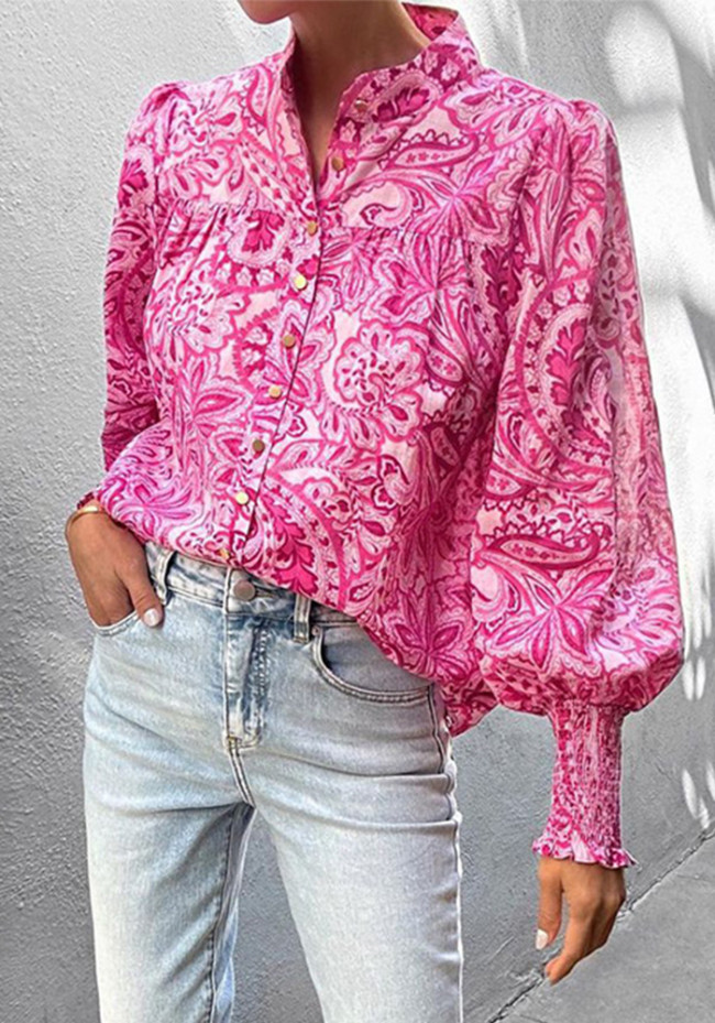 Spring Women's Fashion Puff Sleeve Turndown Collar Long Sleeve Printed Shirt For Women