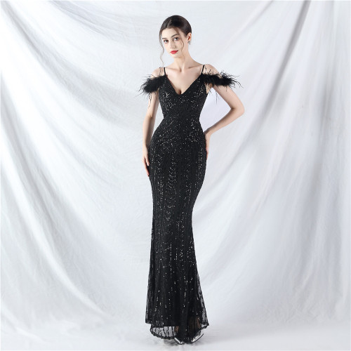 Strap V-Neck Feather Formal Party Evening Dress