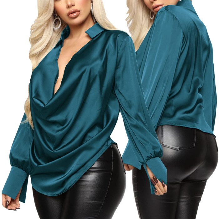 Sexy Fashion Solid Color Stretch Ladies Satin Blouse
