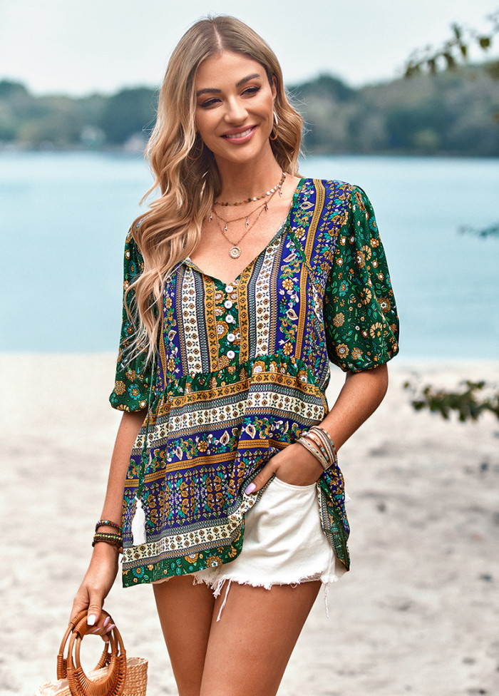 Printed shirt women's summer Chic Career V-neck top