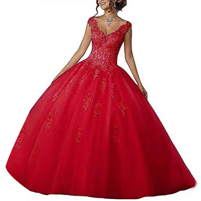 Bride Princess Fantasy Chic V-Neck Puffy Wedding Dress
