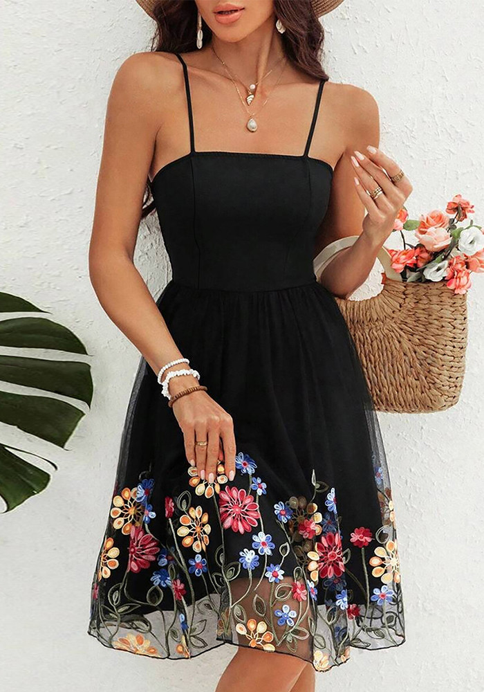 Women Elegant Solid Mesh Embroidered Dress