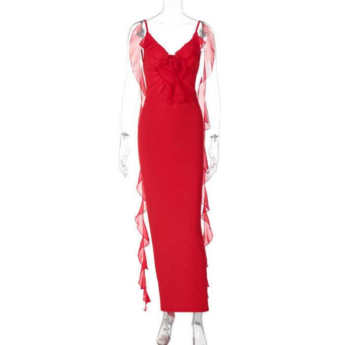 Women Summer Sexy Lace Ribbon Pleated Backless Dress