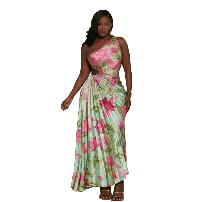 Women Printed Slash Shoulder Pleated Dress