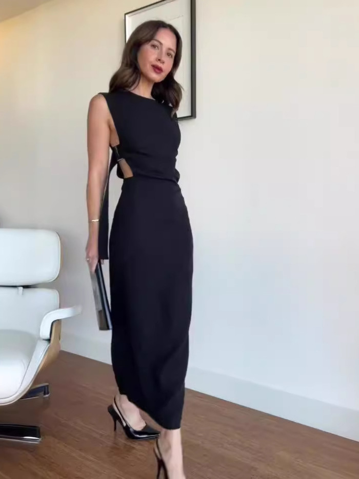 Summer solid color round neck sexy low back High slit long dress