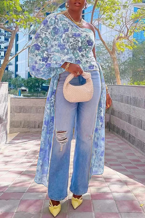 Women Sexy Print Single Sleeve Bell Bottom Sleeve Top